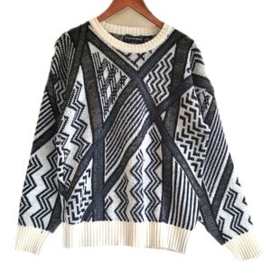 Peter England Sweater Black White Leather Trim Mens Medium